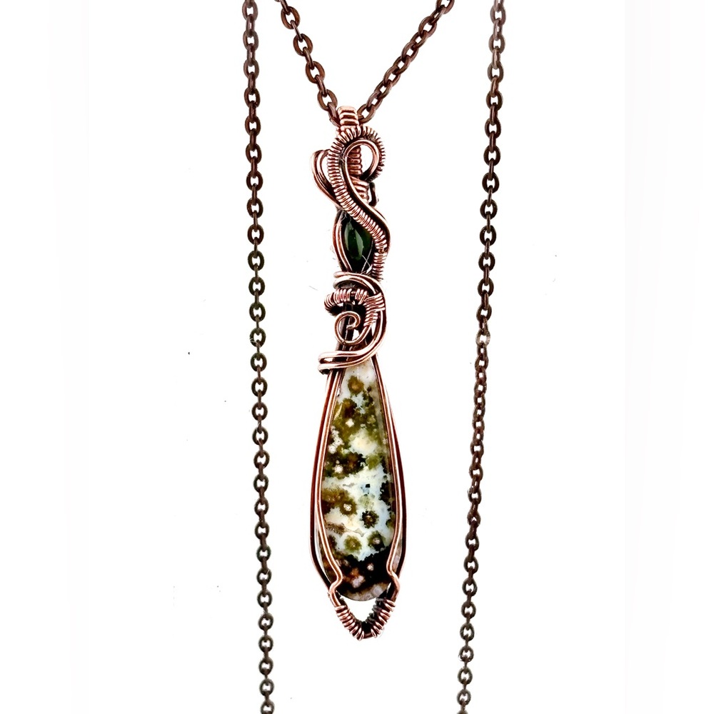 HANDMADE River Jasper and Vintage Jade Copper Wire Wrapped Pendant Necklace
